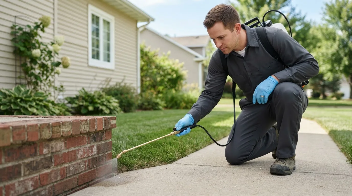 Pest control technician treating a home near Barre, VT
